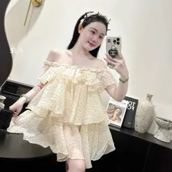 đầm trễ vai thắt nơ tơ tầng