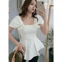 Áo peplum cổ rộng vai tay nhí bo eo dáng xòe 14606