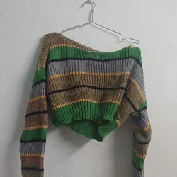 ÁO LEN DỆT KIM TAY DÀI CROPTOP KẺ SỌC XANH