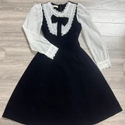 Váy nhung đen phối viền ren nơ cổ tiểu thư sang chảnh, size S 1027716