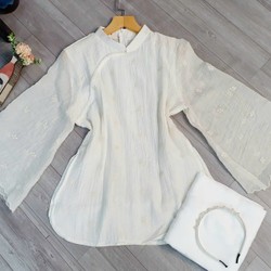 Bộ đồ lam đi chùa áo tơ thêu hoa màu kem, quần lụa size L 144482