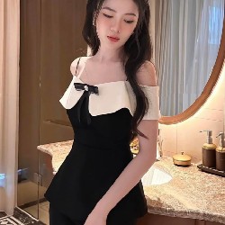 Áo peplum 2s đen phối trắng bo eo dáng xòe