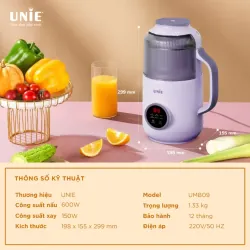 Máy làm sữa hạt UNIE UMB09, dung tích 800ml, nắp chụp chống ồn, 6 chức năng xay nấu 958032