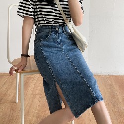 Chân váy Jean denim Thiết kế Midi dài Xẻ tà Lưng cao  11978