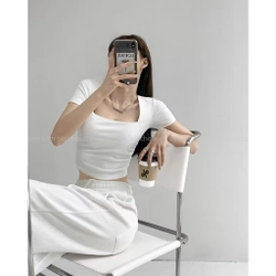 THEKIM Áo thun croptop tay ngắn , áo cổ vuông cho nữ may hai lớp vải 497366