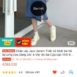 Chân váy Jean denim Thiết kế Midi dài Xẻ tà Lưng cao  11978