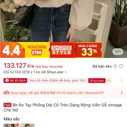 Bh Áo Tay Phồng Dài Cổ Tròn Dáng Rộng Viền Gỗ vintage Cho Nữ