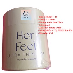 Bao cao su PlayAh Her Feel Ultra Thin 0.03 Hộp 10 Size 52mm Siêu Mỏng Nhiều Gel Cao Cấp