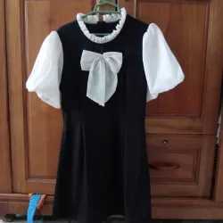 Đầm nữ cổ nơ tay bồng màu đen trắng phối voan tiểu thư 744747