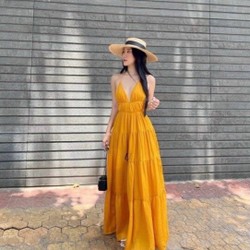 Gv014- đầm maxi hở lưng, chất đũi, dưới 55kg , eo chun 