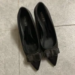 Giày cao gót nữ Vascara satin màu xám đen lông chuột size 36 cao 7cm