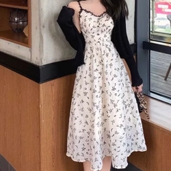 Set Váy Hoa Nhí Đen Dáng Maxi Cùng ÁO Cardigan Đen HTO2, size S 462458