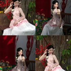 yếm hồng hoạ tiết hoa nổi, kèm nơ, váy dài trắng