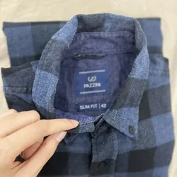 Áo sơ mi xanh caro có đáp gấu tay Pazini slimfit size 42 729086