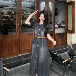 Váy jean khuy trước cổ sơ mi nữ 698030