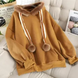 Áo hoodie màu nâu cổ viền lông 749655