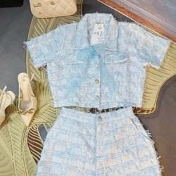 Set vest vải tweed dáng ngắn tay lỡ + quần short – Freesize 443463