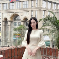 Đầm tuyết mưa ống tay đính nơ 