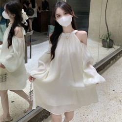 Váy babydoll trễ vai dài tay chất tơ óng, đầm trễ vai cổ yếm 2 lớp 