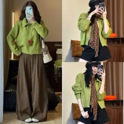 Áo khoác cardigan vải len cổ tròn màu xanh lá cây dành cho nữ