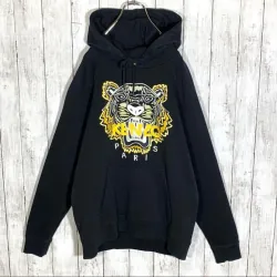 Áo hoodie Kenzo màu đen thêu logo mặt cọp (đầu hổ) chỉ vàng