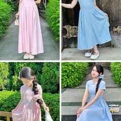 VÁY ĐÔI / COUPLE MẸ VÀ BÉ GÁI váy đầm maxi thun cột nơ phía sau kèm chun cột tóc