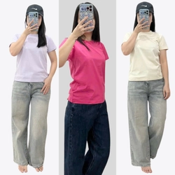 Áo Thun Nữ Cotton Form Đơn Giản Cổ Tròn Size SML Màu Sáng Hàng Mới 303776