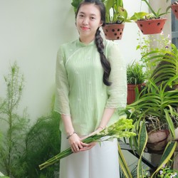 Bộ đồ lam đi chùa cao cấp tơ thêu hoa màu xanh bơ size M, mặc 1 lần 144454