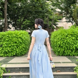 VÁY ĐÔI / COUPLE MẸ VÀ BÉ GÁI váy đầm maxi thun cột nơ phía sau kèm chun cột tóc 474127