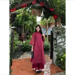 (đọc mô tả có fix )Pass set áo dài bách điền đỏ đô tặng trâm  737724