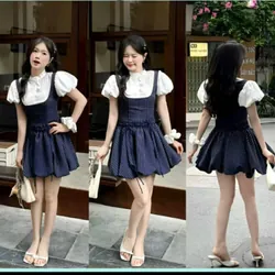 Váy Tiểu Thư Phối Thô Tay Bồng Cổ Bèo Dáng Bí Hoạ Tiết Kẻ Xanh Navy - Tặng Kèm Quần 706837