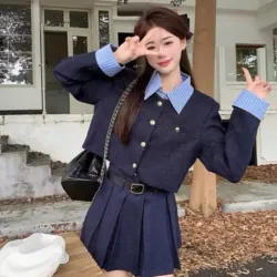 SET ĐỒ DẠ NỮ (ÁO, VÁY, THẮT LƯNG) - XANH THAN - SIZE S