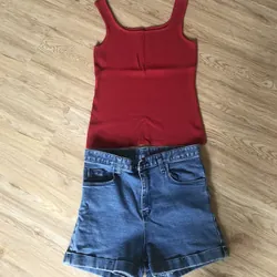 Combo áo thun đỏ & quần jean ngắn 719526