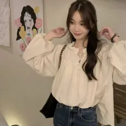 Bh Áo Tay Phồng Dài Cổ Tròn Dáng Rộng Viền Gỗ vintage Cho Nữ 995028