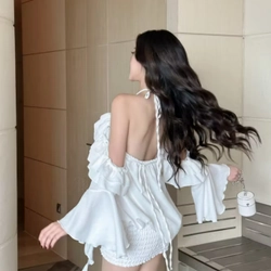Đầm bí cổ yếm bèo nhún thun GLORIOUS chất liệu đũi vân mây hạn chế nhăn tôn dáng 532139