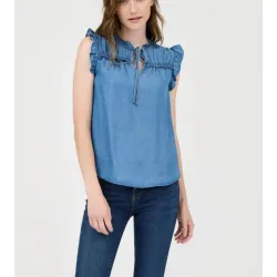 Áo nữ Denim xanh đậm phối bèo cổ váy đi chợ dạo phố 1037130