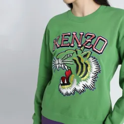 Áo nỉ Kenzo unisex thêu đầu hổ và chữ màu xanh lá 757828