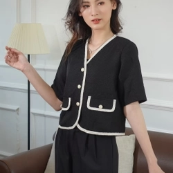 Áo khoác croptop ngắn tay cổ V viền trắng cúc tròn, áo khoác 2 lớp có độn vai 443017
