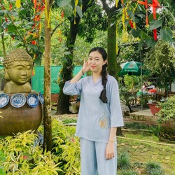 Bộ lam đi chùa thêu lá bồ đề size M