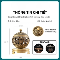 Lư xông trầm bằng đồng chuẩn Ngũ Long Chầu Nguyệt, điêu khắc hình rồng tinh tế sắc nét. 387560