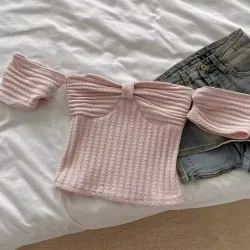 [SẴN] Áo len xốp croptop nơ ngực cổ vuông dáng ôm mặc 2 kiểu Ulzzang 977529