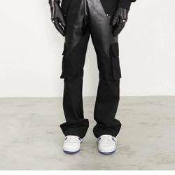 KAKI MIX FAUX LEATHER CARGO PANTS 506507