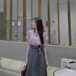 Trang phục nữ Blouse phối sơ mi tay ngắn phối quần dài xám