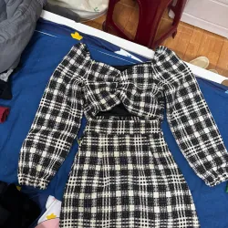 Áo nữ Vest Nỉ Caro Đen Trắng Tay Dài Phối Nơ Cổ Thời Trang