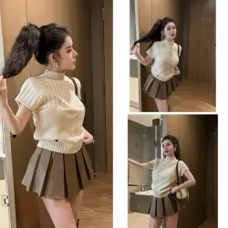 áo len ngắn tay thuê hình nhỏ xinh, kèm chân váy xoè