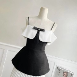 Áo peplum 2s đen phối trắng bo eo dáng xòe  14482