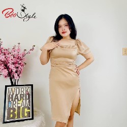 Đầm lụa dự tiệc cổ đổ xẻ tà DABS045 - Vàng - 2XL