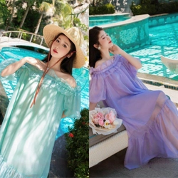 [New] Đầm maxi tơ óng dáng suông trễ vai - THAO PHUONG DESIGN