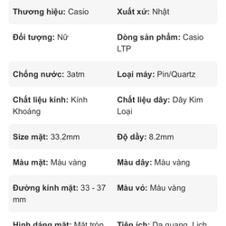 Đông hồ casio nữ, 33.2mm, LTP-V300G-9AUDF 540827