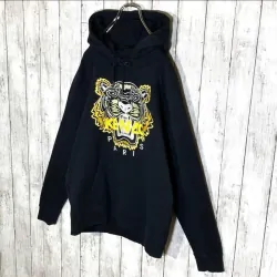 Áo hoodie Kenzo màu đen thêu logo mặt cọp (đầu hổ) chỉ vàng 760767